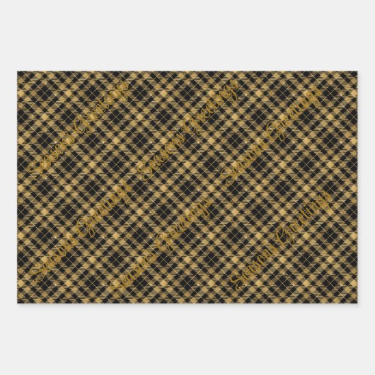 金ゴールドとクリスマス文字付きブラックプレイド ラッピングペーパーシート (正面2)
