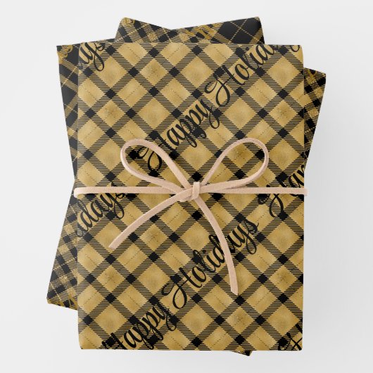 金ゴールドとクリスマス文字付きブラックプレイド ラッピングペーパーシート (インサイチュ)