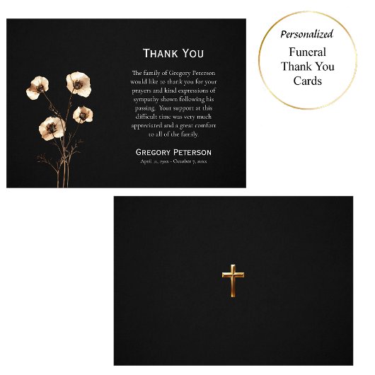 金ゴールドとクリームワイルドフラワーカトリック葬儀 サンキューカード