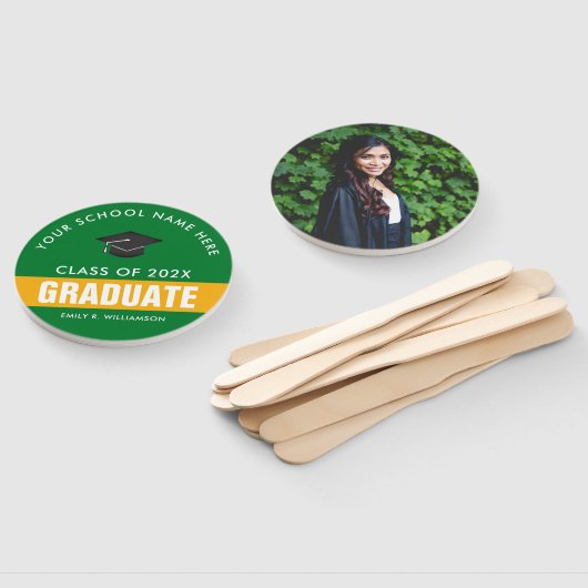 金ゴールドとグリーンのパーソナライズされた卒業式ハンドファン ハンドファン (組立なし)