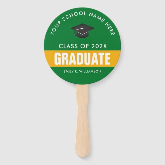 金ゴールドとグリーンのパーソナライズされた卒業式ハンドファン ハンドファン (正面)