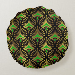 金ゴールドとグリーンアールデコのシームレスなパターン ラウンドクッション
