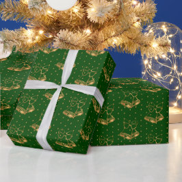 金ゴールドとグリーンクリスマスベル ラッピングペーパー