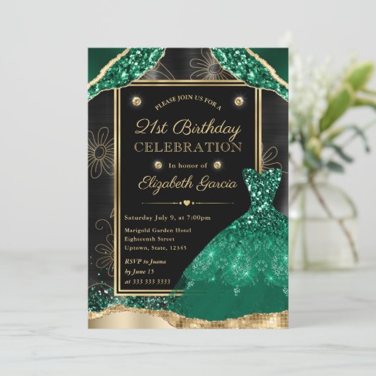 金ゴールドとグリーングリッタードレス21歳の誕生日 招待状 (スタンド正面)