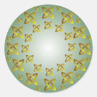 金ゴールドとグリーンケルト結び目模様パターン丸ステッカー ラウンドシール