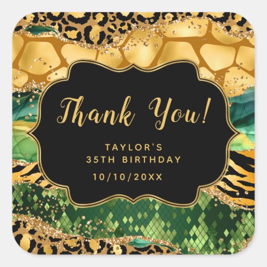 金ゴールドとグリーンサファリゲート誕生日ありがとう スクエアシール (正面)