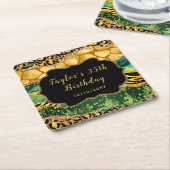 金ゴールドとグリーンサファリゲート誕生日 スクエアペーパーコースター (アングル)