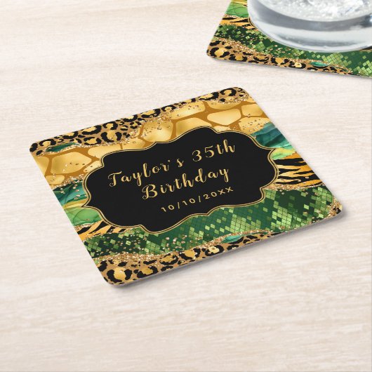 金ゴールドとグリーンサファリゲート誕生日 スクエアペーパーコースター (アングル)