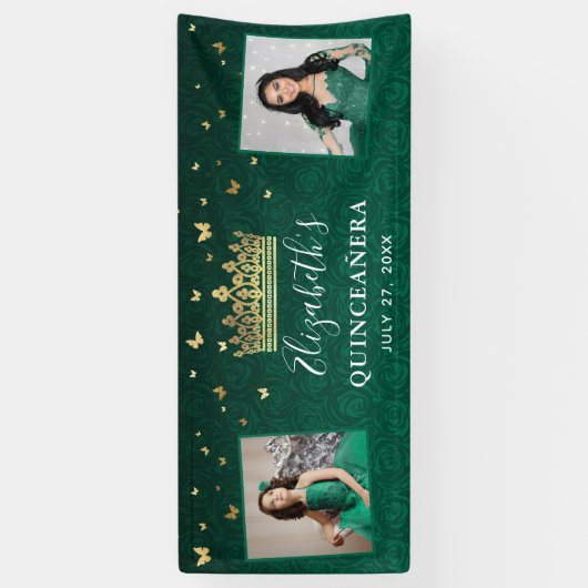 金ゴールドとグリーンバラ2写真誕生日キンセアニェラ 横断幕 (縦)