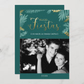 金ゴールドとグリーンフェリスフィエスタスフォトホリデーカード (正面/裏面)