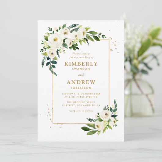 金ゴールドとグリーンフローラ結婚式招待状 招待状 (スタンド正面)