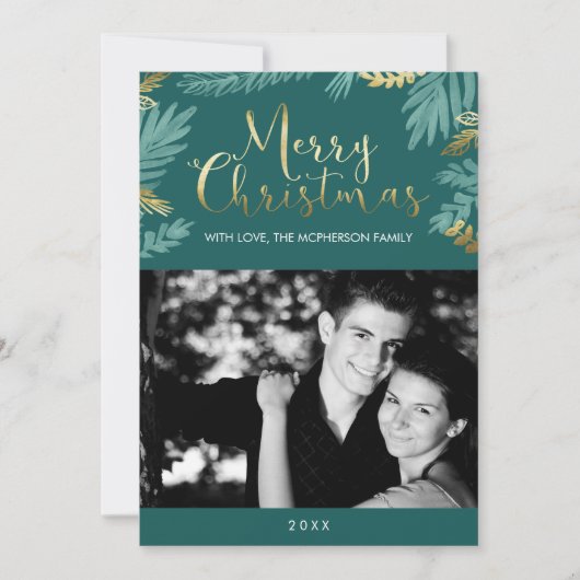 金ゴールドとグリーン離れクリスマスの写真 シーズンカード (正面)