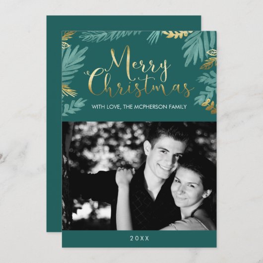 金ゴールドとグリーン離れクリスマスの写真 シーズンカード (正面/裏面)