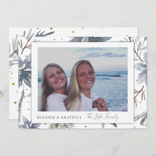 金ゴールドとグレーのフォトホリデーカード 案内状 (正面/裏面)