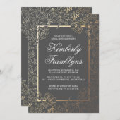 金ゴールドとグレーのフローラヴィンテージブライダルシャワー 招待状 (正面/裏面)