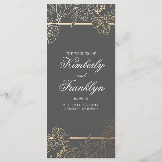 金ゴールドとグレーのヴィンテージフローラ結婚式 プログラム (正面)