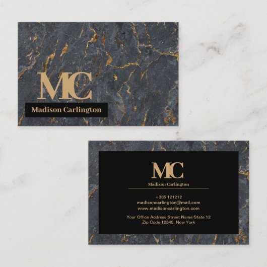金ゴールドとグレーの大理石テクスチャ 名刺 (正面/裏面)