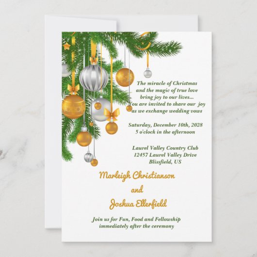 金ゴールドとシルバーのオーナメント結婚ズ 招待状 (正面)