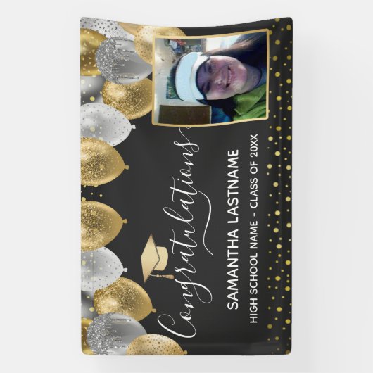 金ゴールドとシルバーの風船卒業バナー 横断幕 (縦)