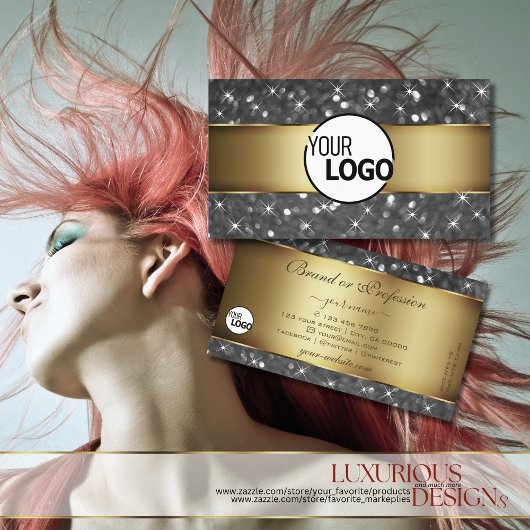 金ゴールドとシルバーグリッターの発光スターズのロゴモダン 名刺