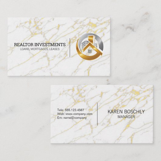 金ゴールドとシルバー実在エステートロゴ |黄金大理石 名刺 (正面/裏面)