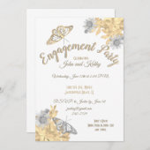 金ゴールドとシルバー蝶婚約 招待状 (正面/裏面)