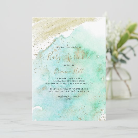 金ゴールドとシンプルグリーンミニマリストベビー散布 招待状 (スタンド正面)