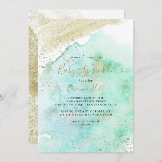 金ゴールドとシンプルグリーンミニマリストベビー散布 招待状 (正面/裏面)