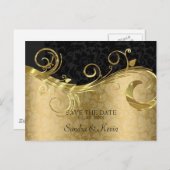 金ゴールドとスワール付きブラックダマスク – 日付を保存 案内ポストカード (正面/裏面)