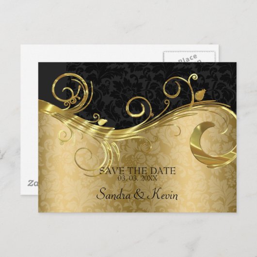 金ゴールドとスワール付きブラックダマスク – 日付を保存 案内ポストカード (正面/裏面)