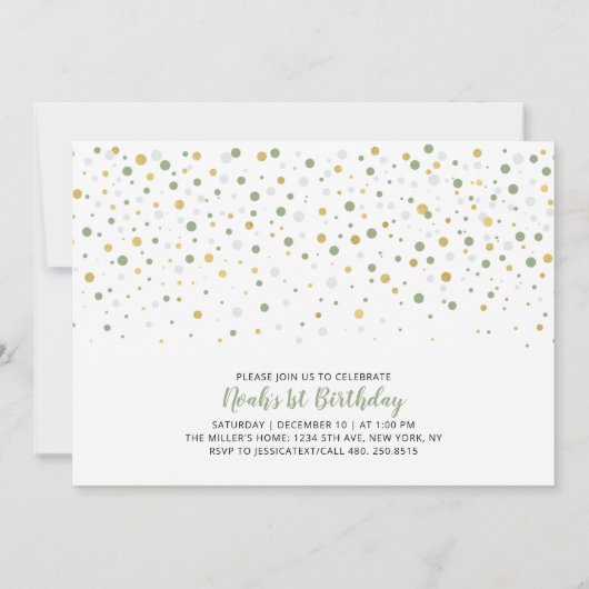 金ゴールドとセージ風船 |男の子1歳の誕生日パーティー 招待状 (裏面)