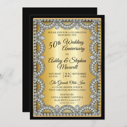 金ゴールドとダイヤモンド50周年結婚パーティー 招待状 (正面/裏面)