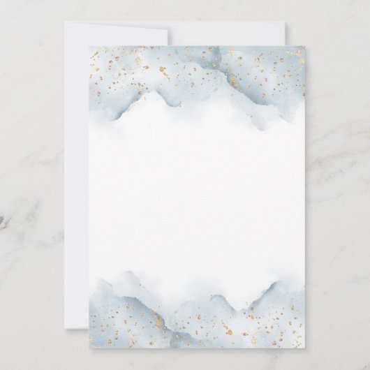 金ゴールドとダスティブルーウォーター色のベビー散布 招待状 (裏面)
