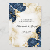 金ゴールドとダークブルーのヴィンテージフローラ 縁ど セーブザデート (正面/裏面)