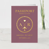 金ゴールドとダークメイブパスポート結婚式招待状 箔グリーティングカード (正面)