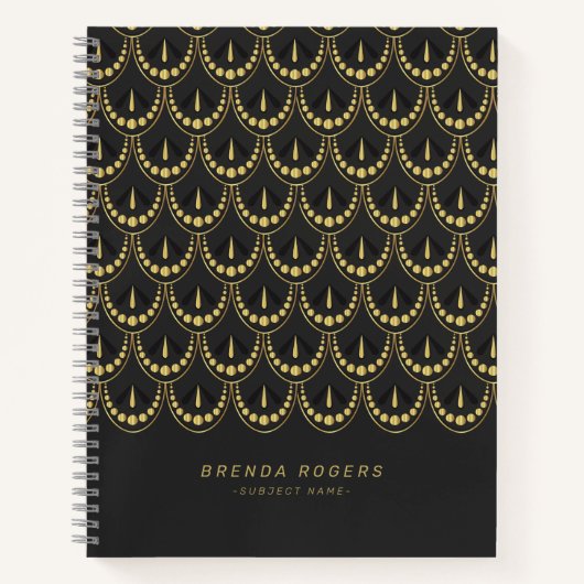 金ゴールドとダーグレイアートデコの幾何学的パターン ノートブック (正面)