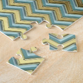 金ゴールドとティール(緑がかった色)のシェブロンパターン ジグソーパズル (側面)