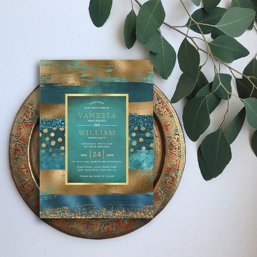 金ゴールドとティール（緑がかった色）のストロークと紙吹雪結婚の 招待状