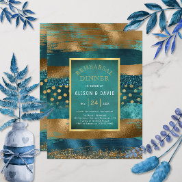 金ゴールドとティール（緑がかった色）のブ絵を描ラシストロークのリハーサル 招待状