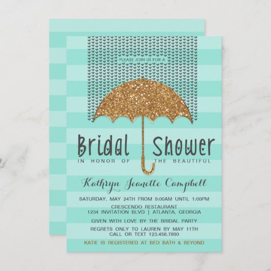 金ゴールドとティール(緑がかった色)の傘とハートブライダルシャワー 招待状 (正面/裏面)