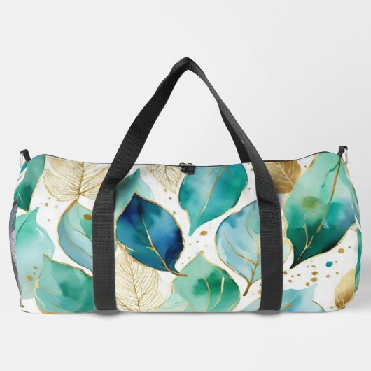 金ゴールドとティール（緑がかった色）の水色の葉のパターン ダッフルバッグ (裏面)