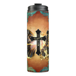 金ゴールドとティール（緑がかった色）の背景を持つ信仰蝶 タンブラー