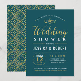 金ゴールドとティール（緑がかった色） |カップルエレガントウェディングシャワー 招待状