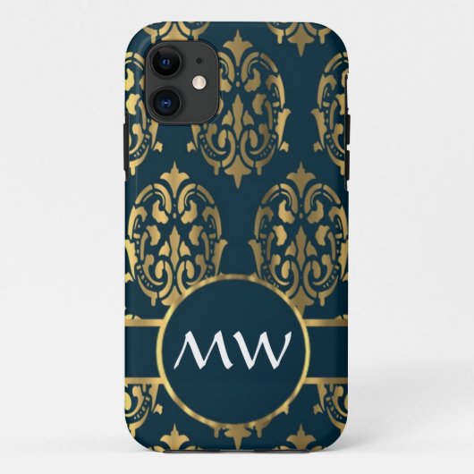 金ゴールドとティール(緑がかった色)グリーンダマスクパターン Case-Mate iPhoneケース (裏面)