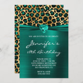 金ゴールドとティール(緑がかった色)グリーンレオパードフォイル18誕生日 招待状 (正面/裏面)