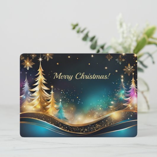 金ゴールドとティール（緑がかった色）パールきらめくクリスマス シーズンカード (スタンド正面)