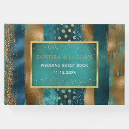 金ゴールドとティール（緑がかった色）ブラシのストロークと紙吹雪結婚の ゲストブック