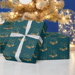 金ゴールドとティール（緑がかった色）ブルークリスマスベル ラッピングペーパー