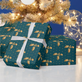 金ゴールドとティール（緑がかった色）ブルークリスマスホリー ラッピングペーパー