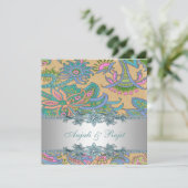 金ゴールドとティール（緑がかった色）ブルーペイズリー結婚ズ 招待状 (スタンド正面)